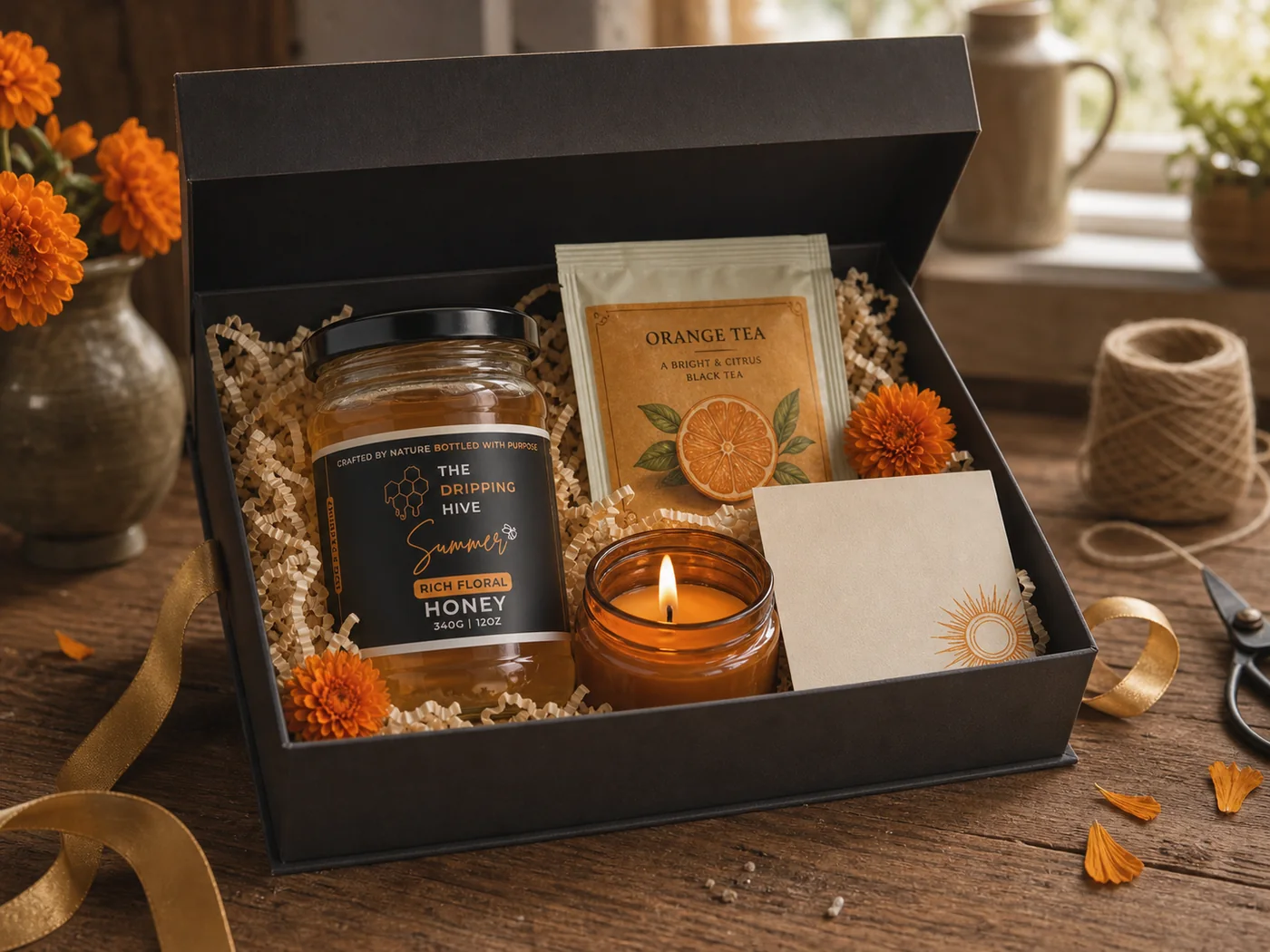 The Sunshine Hive gift box with orange-labelled Summer Honey and warm citrus keepsakes