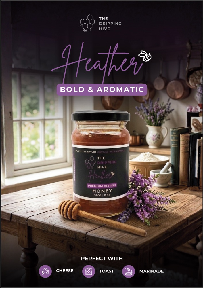 Wild Heather honey jar poster in a rustic kitchen with a wooden dipper and heather sprigs