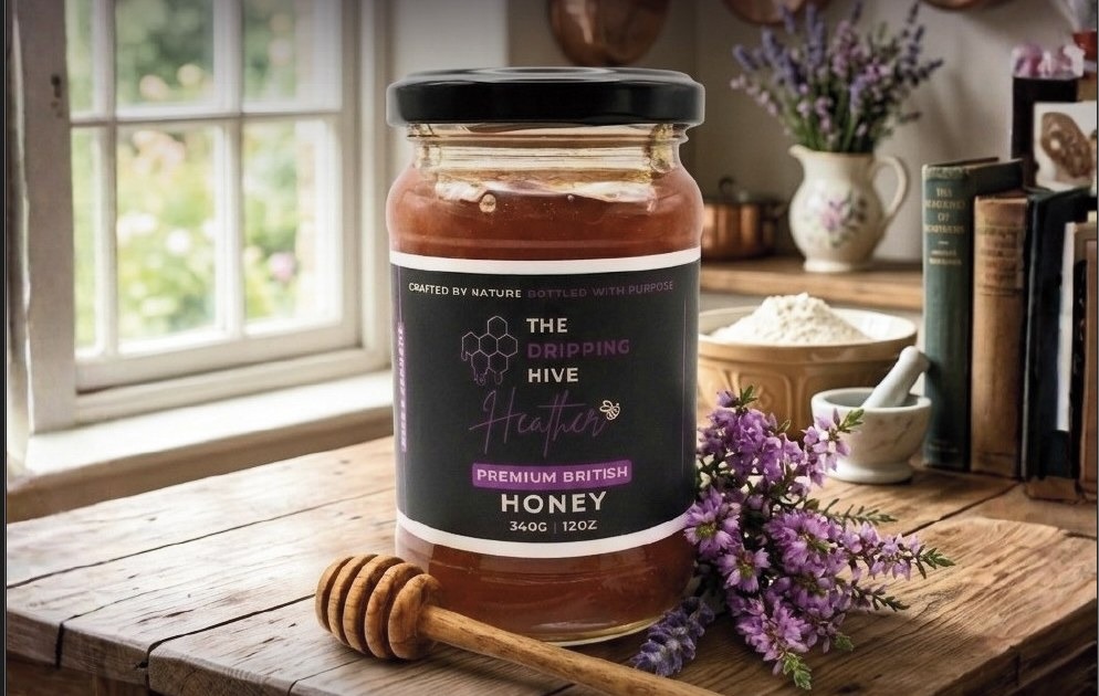 Wild Heather honey jar in a rustic kitchen with a wooden dipper and heather sprigs