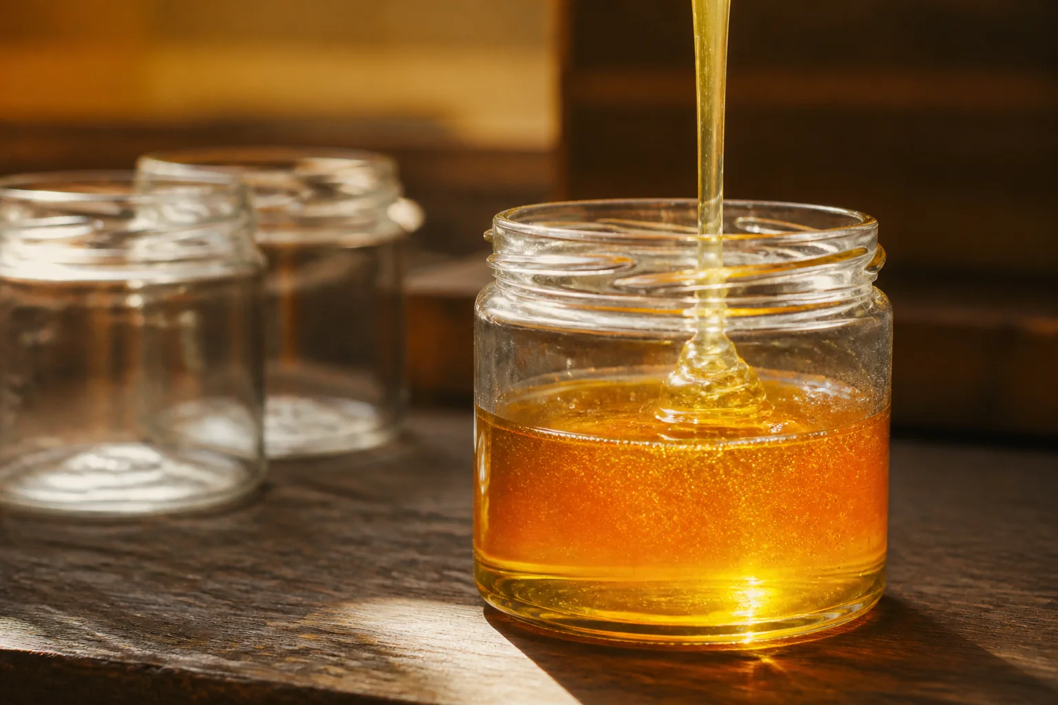 Pure golden honey being carefully poured into an unbranded glass jar