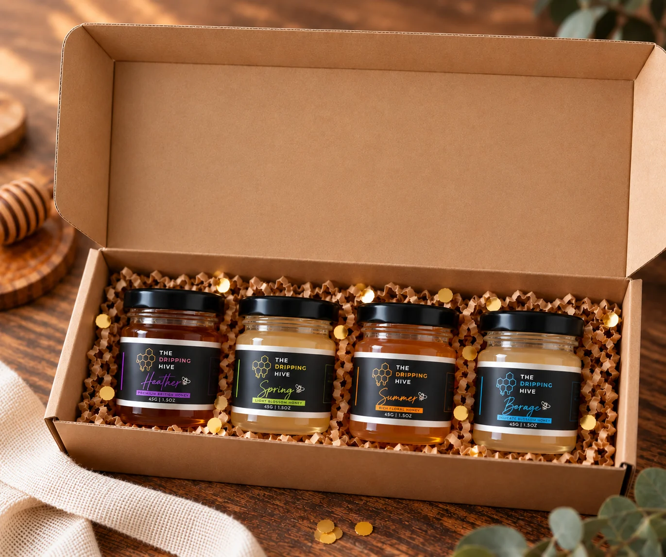 Four-jar honey taster box containing Heather, Spring, Summer and Borage honey